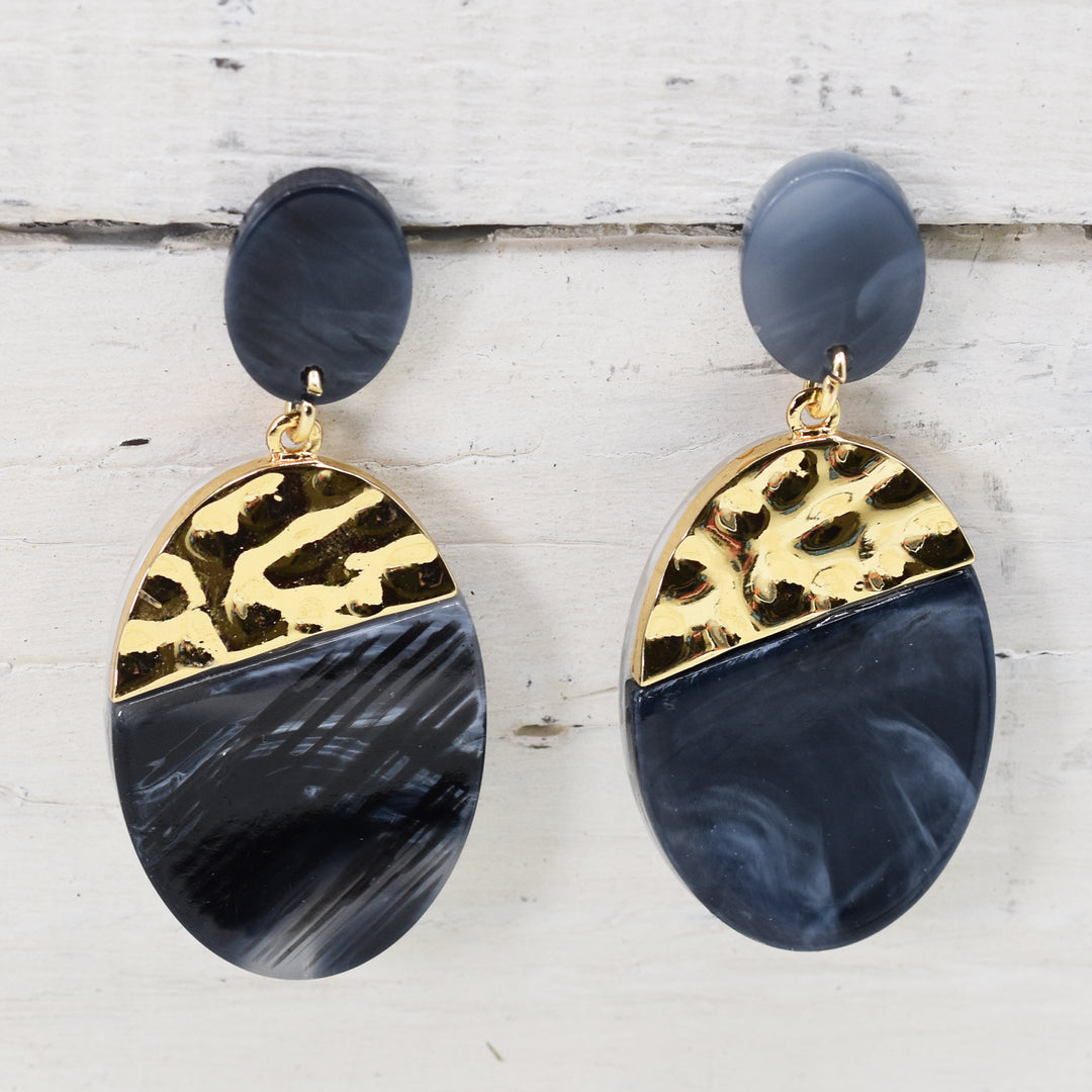 Oval Resin Earrings with Gold Trim - Blue/Grey