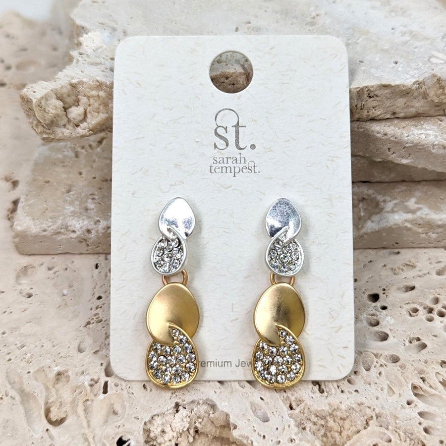 Merged Ovals Dangle Earrings with Crystals - Gold/Silver