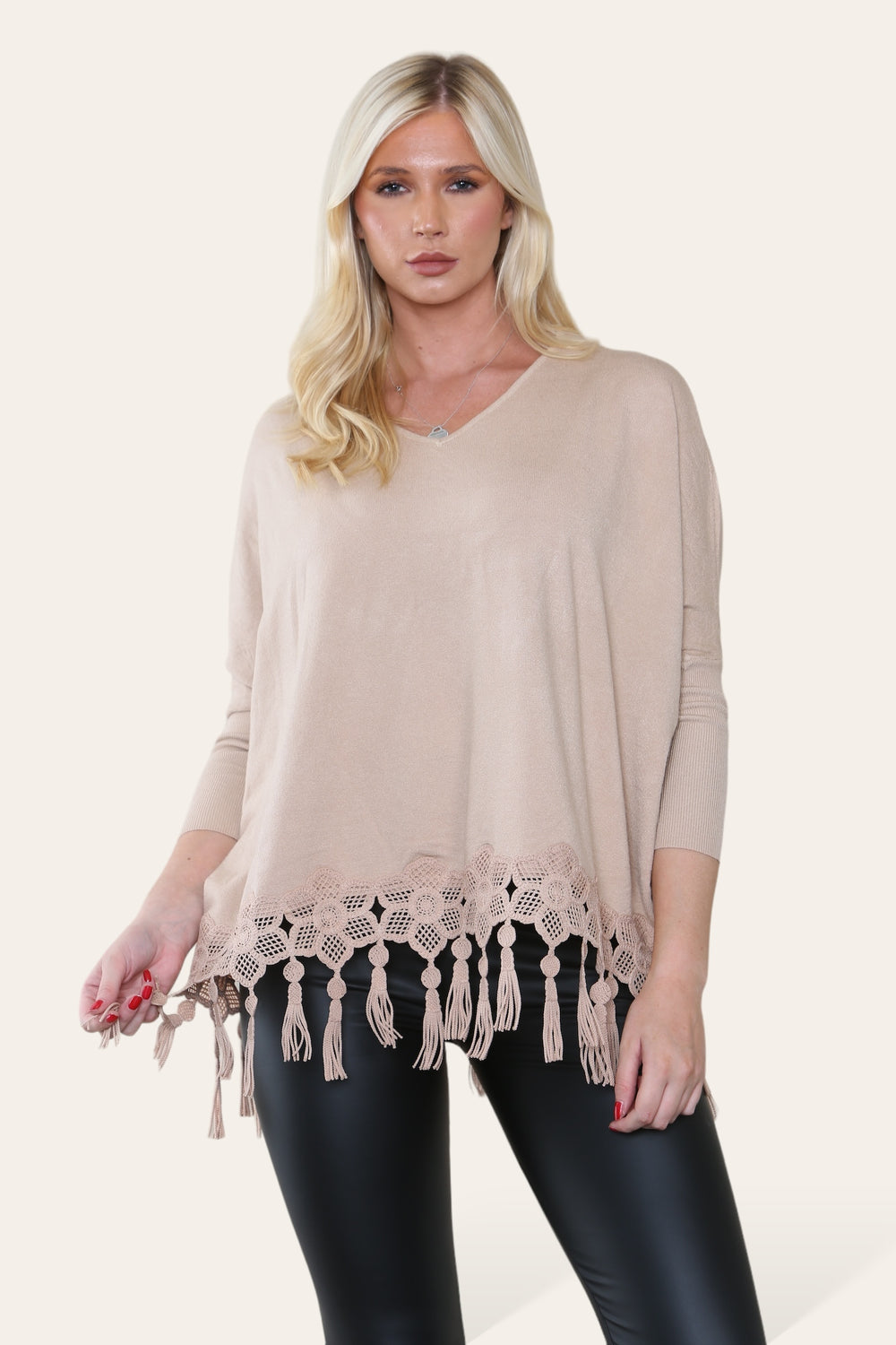 KATRINA Lace Detailed Knit with Tassels - CAMEL