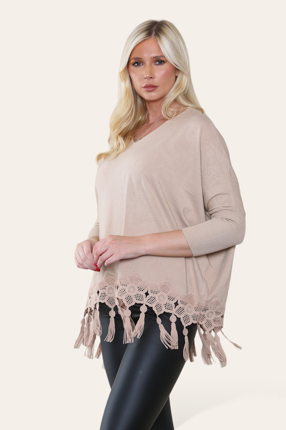 KATRINA Lace Detailed Knit with Tassels - CAMEL