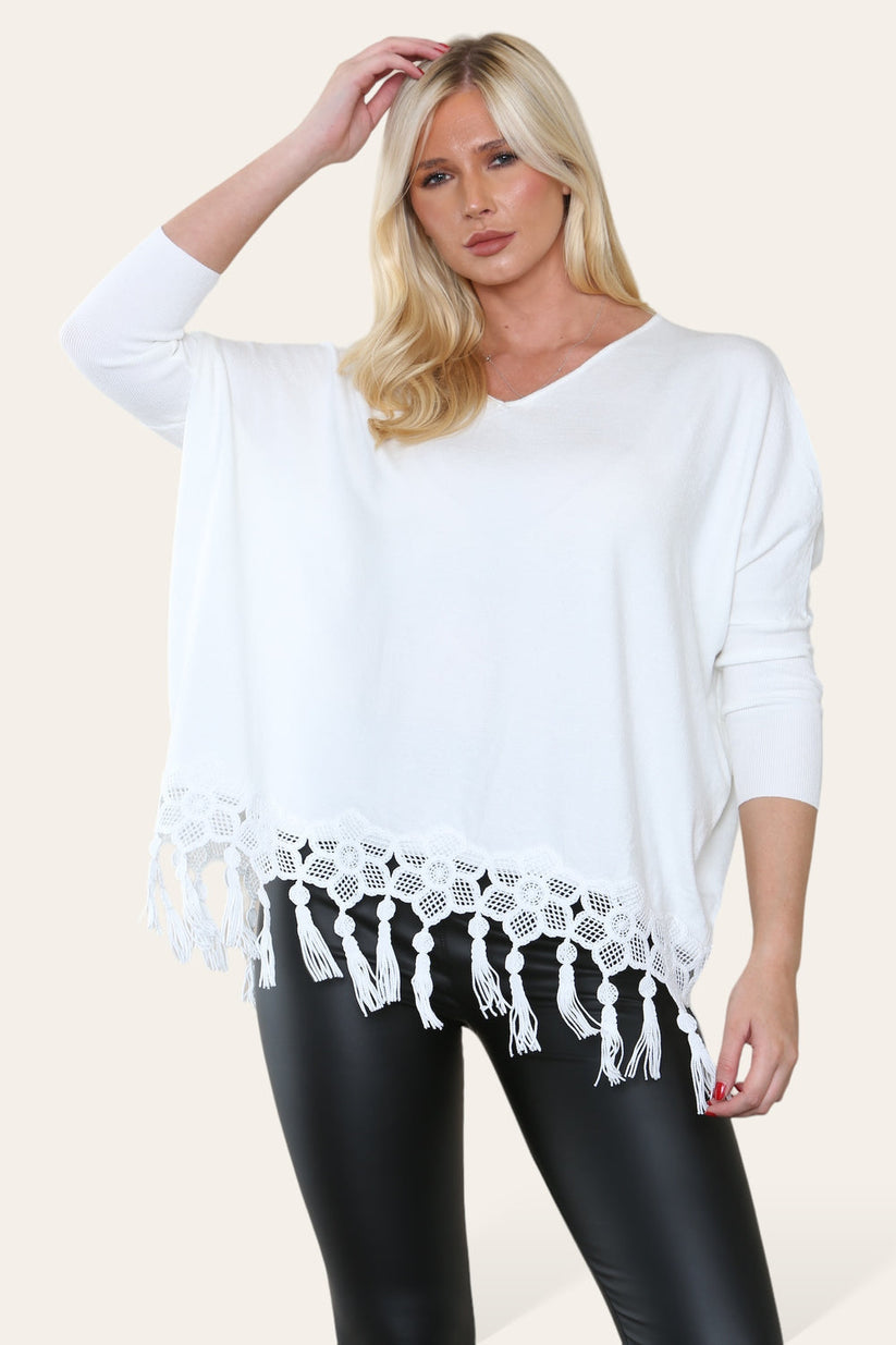 KATRINA Lace Detailed Knit with Tassels - WHITE