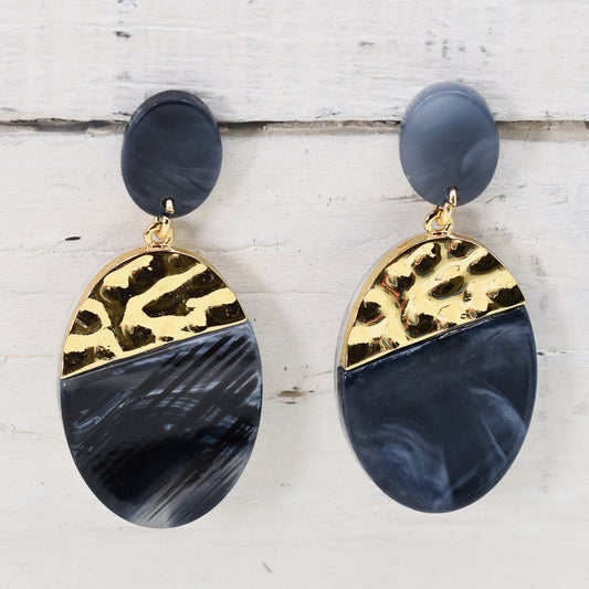 Oval Resin Earrings with Gold Trim - Blue/Grey