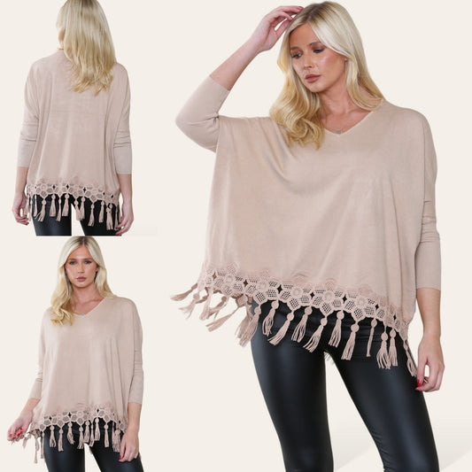 KATRINA Lace Detailed Knit with Tassels - CAMEL