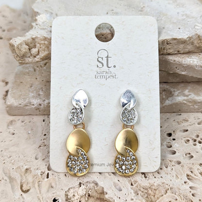 Merged Ovals Dangle Earrings with Crystals - Gold/Silver