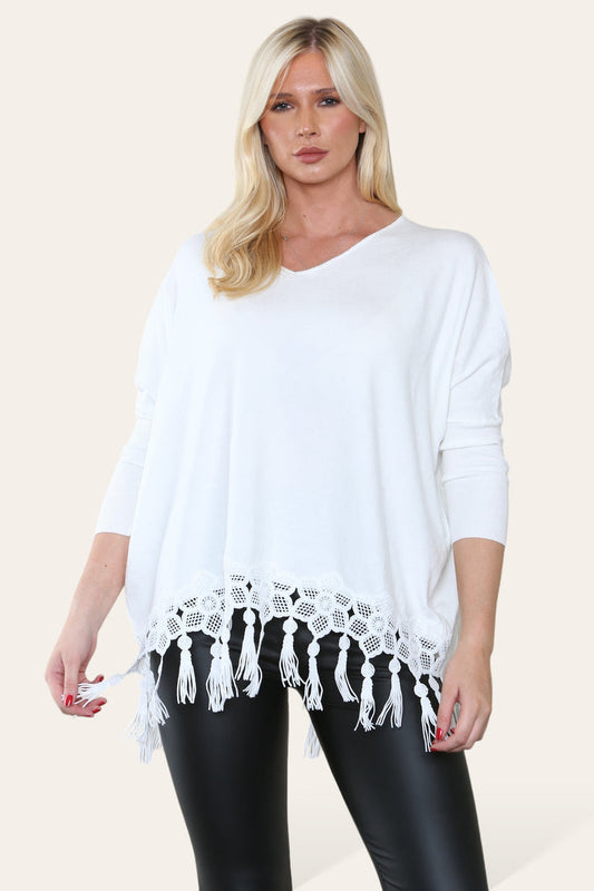 KATRINA Lace Detailed Knit with Tassels - WHITE