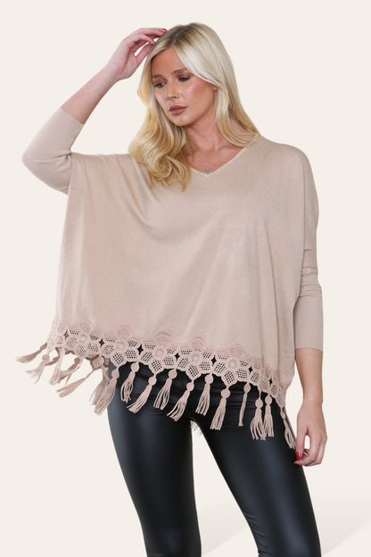 KATRINA Lace Detailed Knit with Tassels - CAMEL