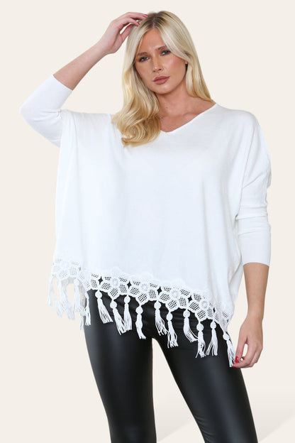 KATRINA Lace Detailed Knit with Tassels - WHITE